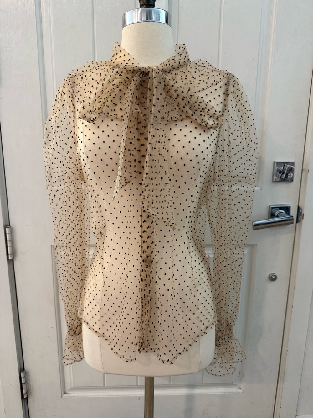 Anthropologie DOLAN Sheer Swiss Dot Tie-Neck Blouse Pink/Nude Estimated Medium